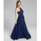  Womens  Applique-Lace Halter Ball Gown, Navy/9