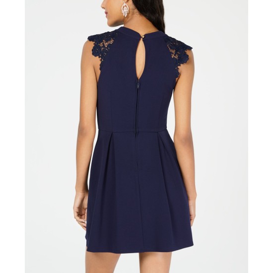  Womens Juniors’ Lace-Contrast Fit & Flare Dress, Navy/M