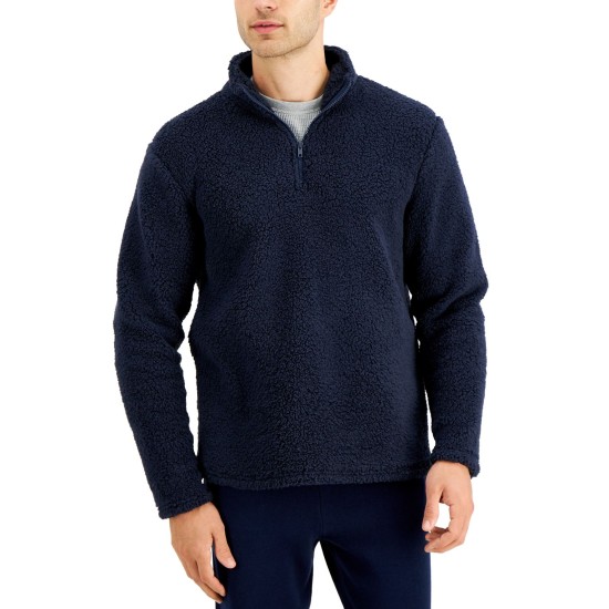  Men’s Solid Quarter-Zip Sherpa Fleece Pullover, Navy, L
