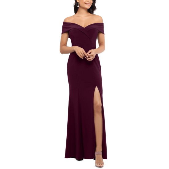  Women’s Off-the-shoulder Slit Gown Dress, Wine, 2