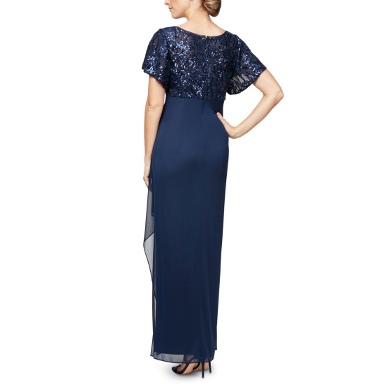  Petite Embroidered-Sequin Empire-Waist Gown, Navy/8P