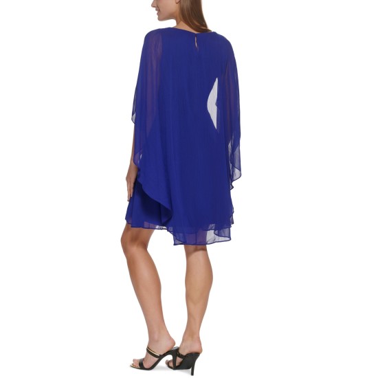  Womens Chiffon Cape-Back Dress, Blue/14