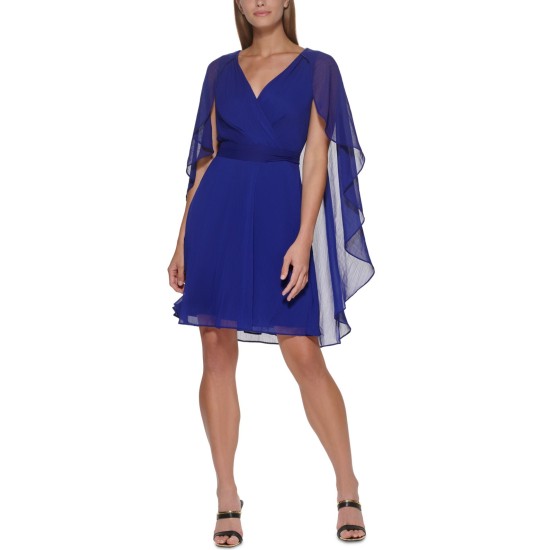  Womens Chiffon Cape-Back Dress, Blue/14