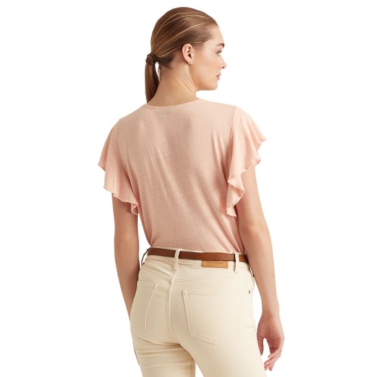 Linen-blend Jersey Flutter-sleeve T-shirt In Pale Pink, Medium