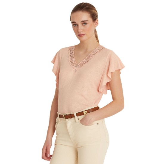 Linen-blend Jersey Flutter-sleeve T-shirt In Pale Pink