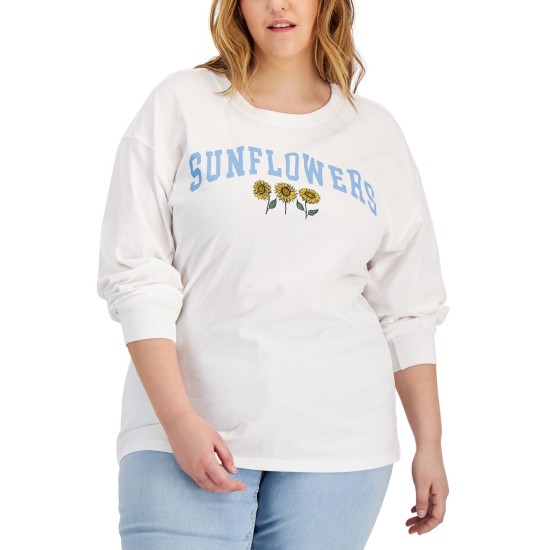  Womens Trendy Plus Size Sunflowers Long-Sleeve T-Shirt,White,2X