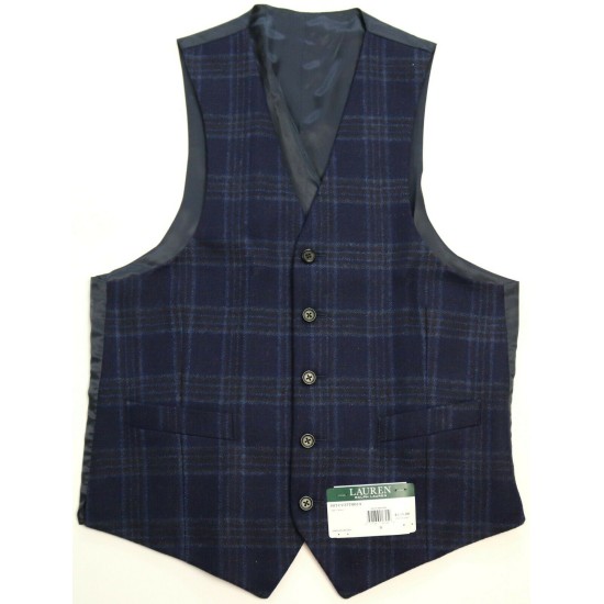  Men’s Classic-Fit Plaid Wool Matching Vest (Navy/Brown, S)