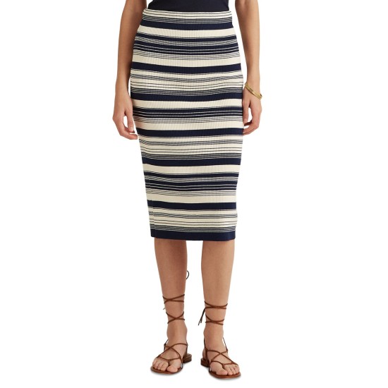 Striped Cotton-blend Pencil Skirt in Navy and Cream, Large