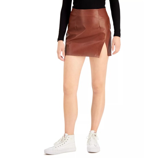  Juniors’ Faux-Leather Slit Skirt, Chocolate, Large