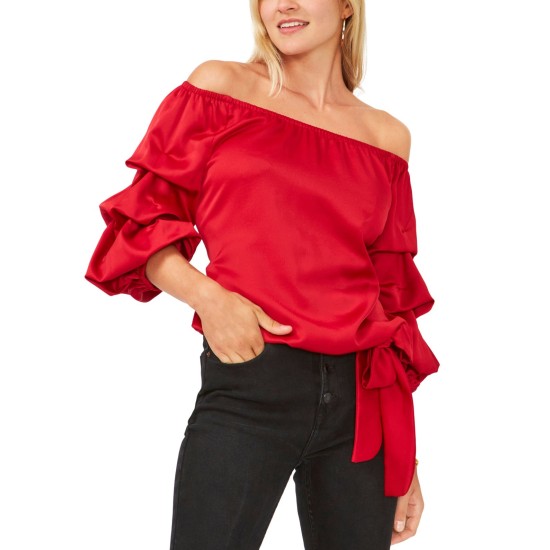 Womens Off-The-Shoulder Balloon-Sleeve Top, Red, XL