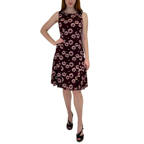  Womens Godet Lace Fit & Flare Dress, Pink/ Burgundy, 2