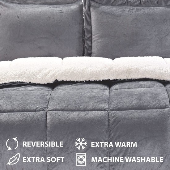 Ultra-Plush Sherpa Comforter & Shams, Pewter, King (102″ x 90″)