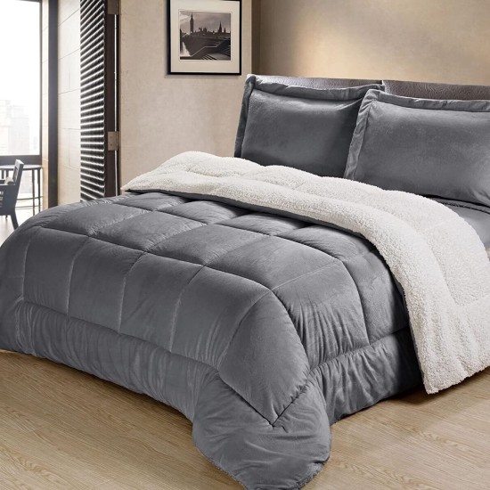  Ultra-Plush Sherpa Comforter & Shams, Pewter, King (102″ x 90″)