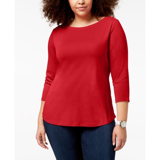  Pima Cotton Boat Neck Button Detail 3/4 Sleeve Pullover Casual Top(Red)  Bright Red, 1X