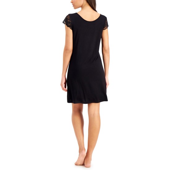  Women's Lace-Sleeve Chemise Nightgowns, Black, Medium