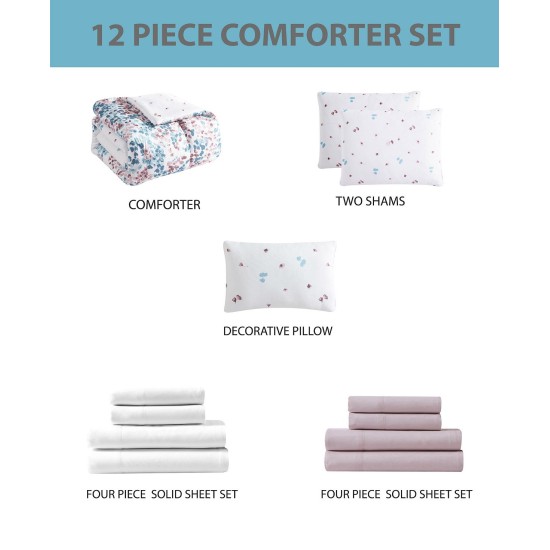  Waterfall Floral Reversible 12-Pc. King Comforter Set, Blush/Blue, King