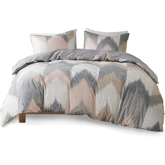  Alpine 3 Piece Cotton Chevron Print Duvet Cover Mini Set, Full/Queen, Pink