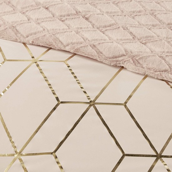  Ainsley 3 Piece Metallic Print Reversible Comforter Set, Full/Queen, Blush