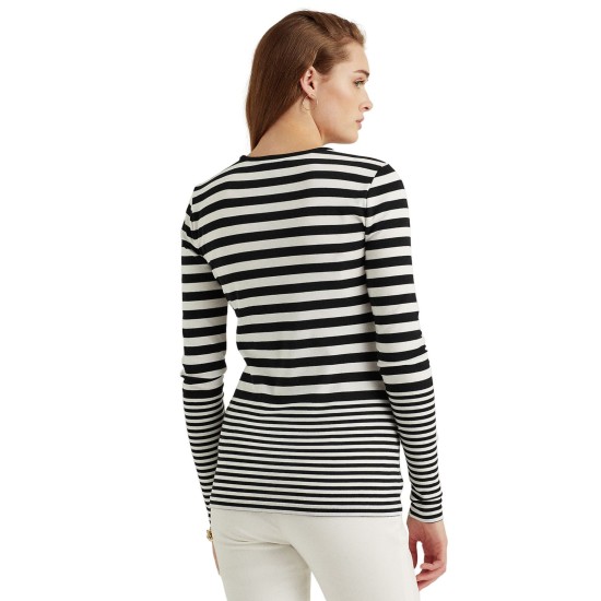  Womens Striped Snap-Trim Long-Sleeve Top, Black, XL