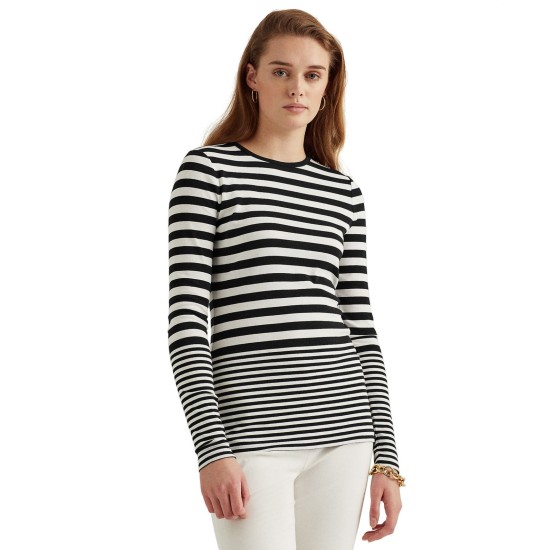  Womens Striped Snap-Trim Long-Sleeve Top, Black, XL