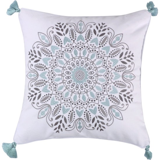  Home Ditsy Spa Embroidered Medallion Tassel Pillow, Grey/Spa, 18″ x 18″