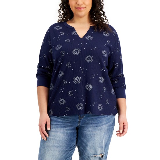  Trendy Plus Size Printed Notch-Neck Thermal Top, Navy, 2X
