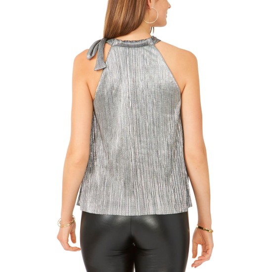 28th & Park Womens Juniors’ Foil Pleated Halter Top, Silver/XS