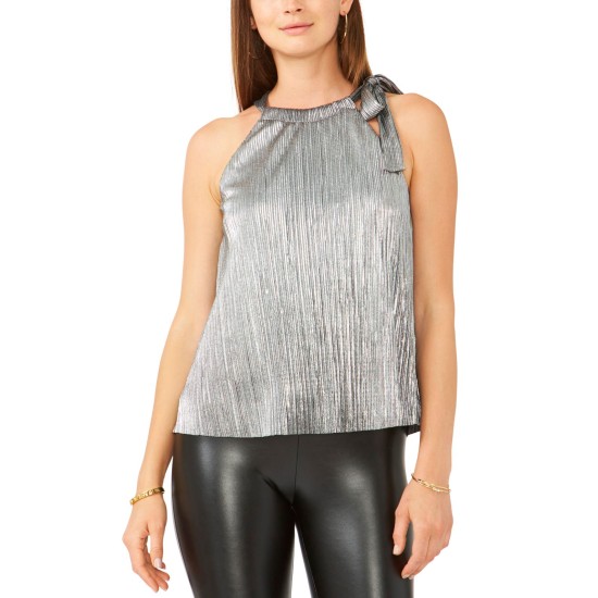 28th & Park Womens Juniors’ Foil Pleated Halter Top, Silver/XS