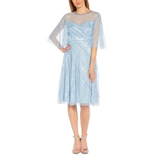  Women’s Beaded Flutter-Sleeve Dress, Elegant Sky, 10