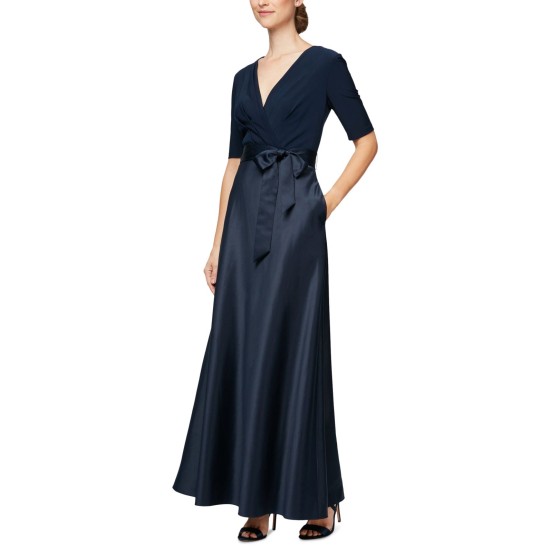  Women’s Half Sleeve V-Neck Gown Dress, Navy, 6