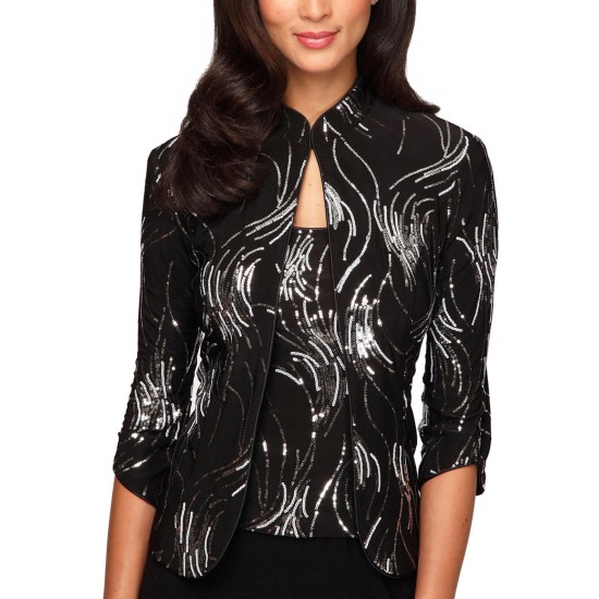  Womens Sequined Mandarin Neck Blazer Top and Jacket Set, Black/L