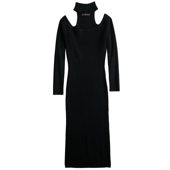 Womens Black Cold Shoulder Ribbed Long Sleeve Mock Neck Midi Cocktail Sweater Dress Juniors XL