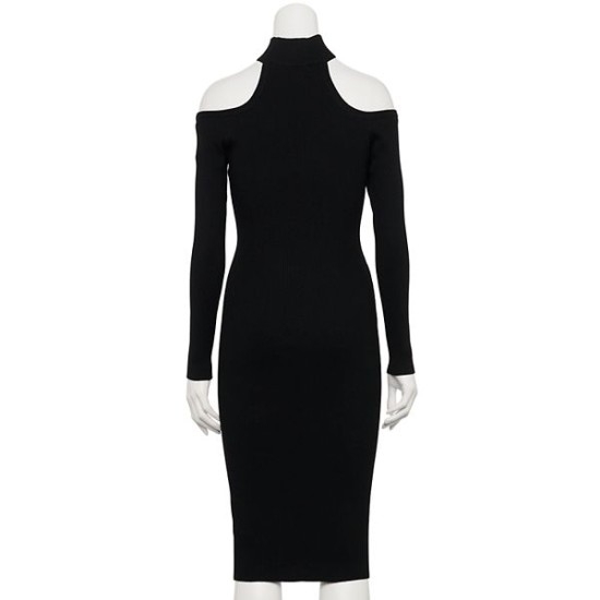  Womens Black Cold Shoulder Ribbed Long Sleeve Mock Neck Midi Cocktail Sweater Dress Juniors XL