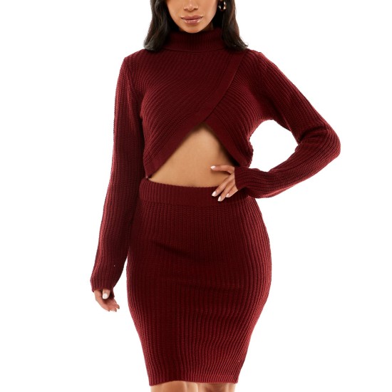  Womens Juniors’ Cropped Turtleneck Sweater & Skirt Set, Wine/L