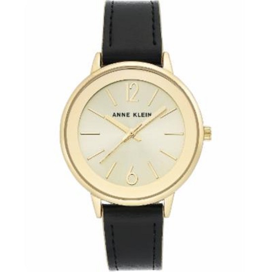  3184CHBK Womens Gold Tone Dial Leather Strap Watch, Black/Gold