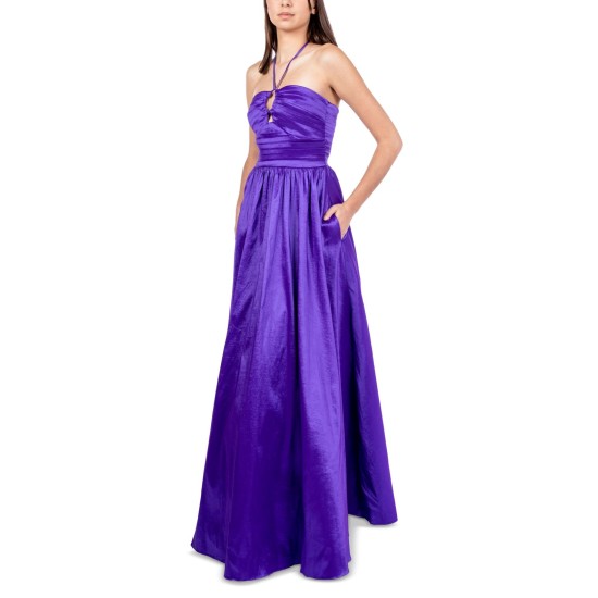 B Darlin Juniors’ Halter-Tie Taffeta Gown Dress, Purple, 1/2