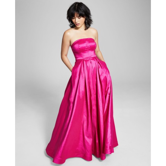  Juniors’ Strapless Stretch Taffeta Ball Gown Dress, Pink, 5/6