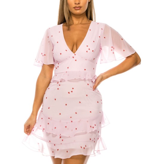 B Darlin Womens Juniors’ Flutter Sleeve V-Neck A-Line Dress, Light Pink/13-14
