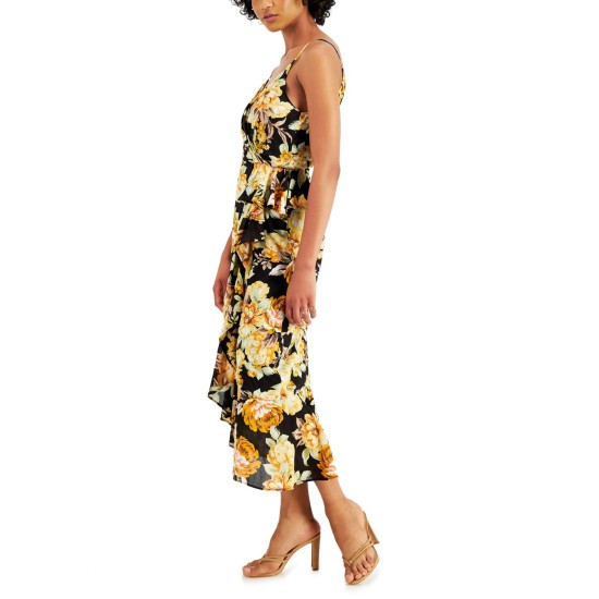  Womens Floral-Print Midi Dress, Yellow/M