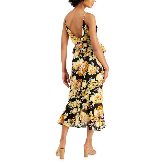  Womens Floral-Print Midi Dress, Yellow/M