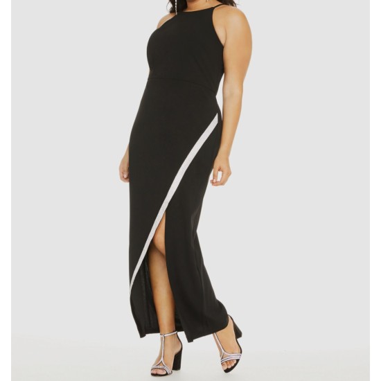  Juniors’ High Slit Asymmetrical Sequin-Trim Gown Dress,Black, XX-Small