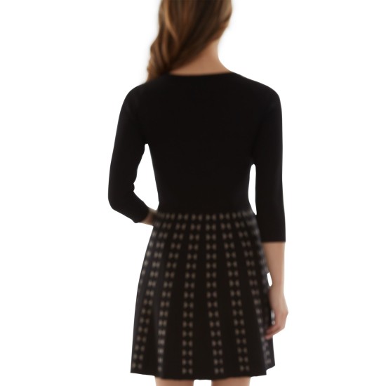  Womens Juniors’ Patterned-Skirt Knit Sweater Dress, Black/XXS