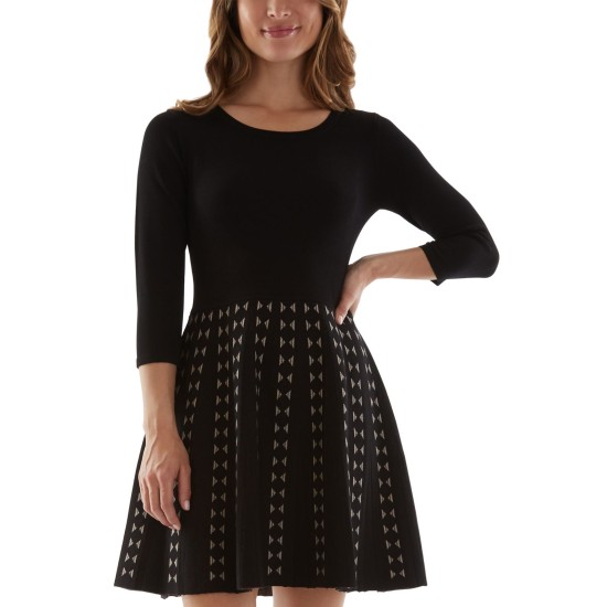  Womens Juniors’ Patterned-Skirt Knit Sweater Dress, Black/XXS