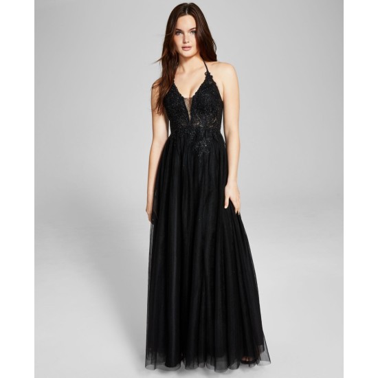  Juniors’ Applique Halter Mesh Gown Dress, Black, 5