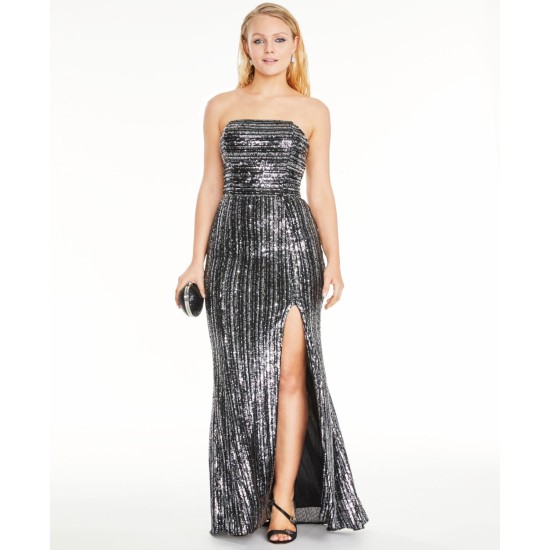  Juniors’ Sequined Strapless Gown Dress, Black, 5