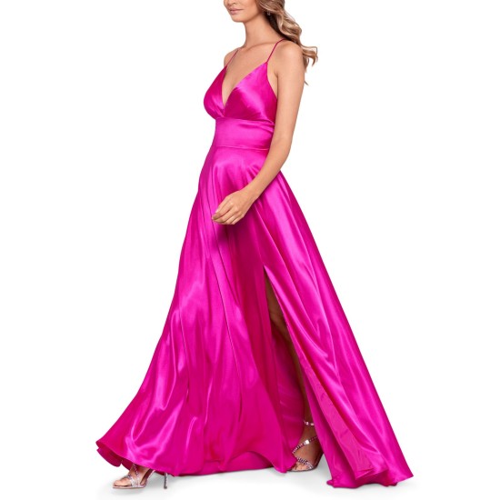  Womens Juniors’ Corset-Back Satin Gown, Pink/15
