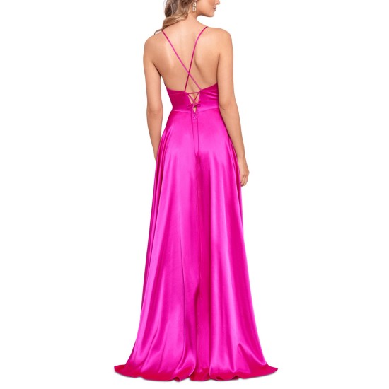 Womens Juniors’ Corset-Back Satin Gown, Pink/5