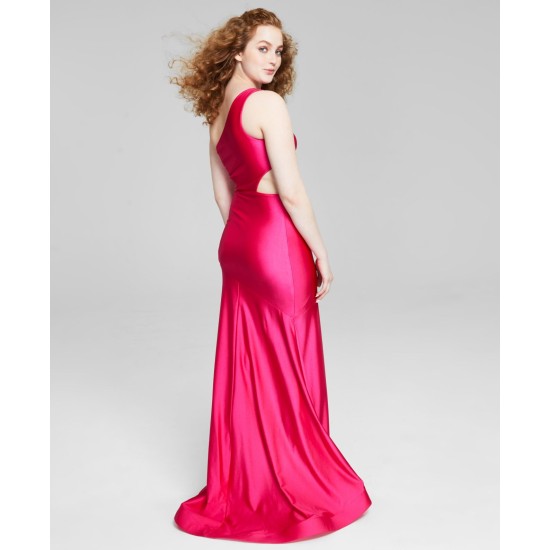  Women’s One-Shoulder Satin Gown Dress, Pink, 3