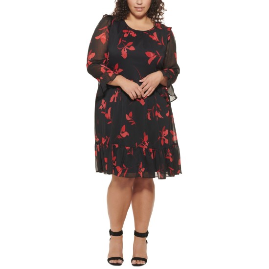  Womens Floral Plus Size Ruffled Dress, Red/18W
