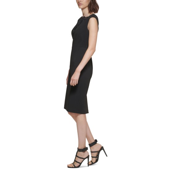  Womens Petite Lace-Inset Sheath Dress, Black/ 0P